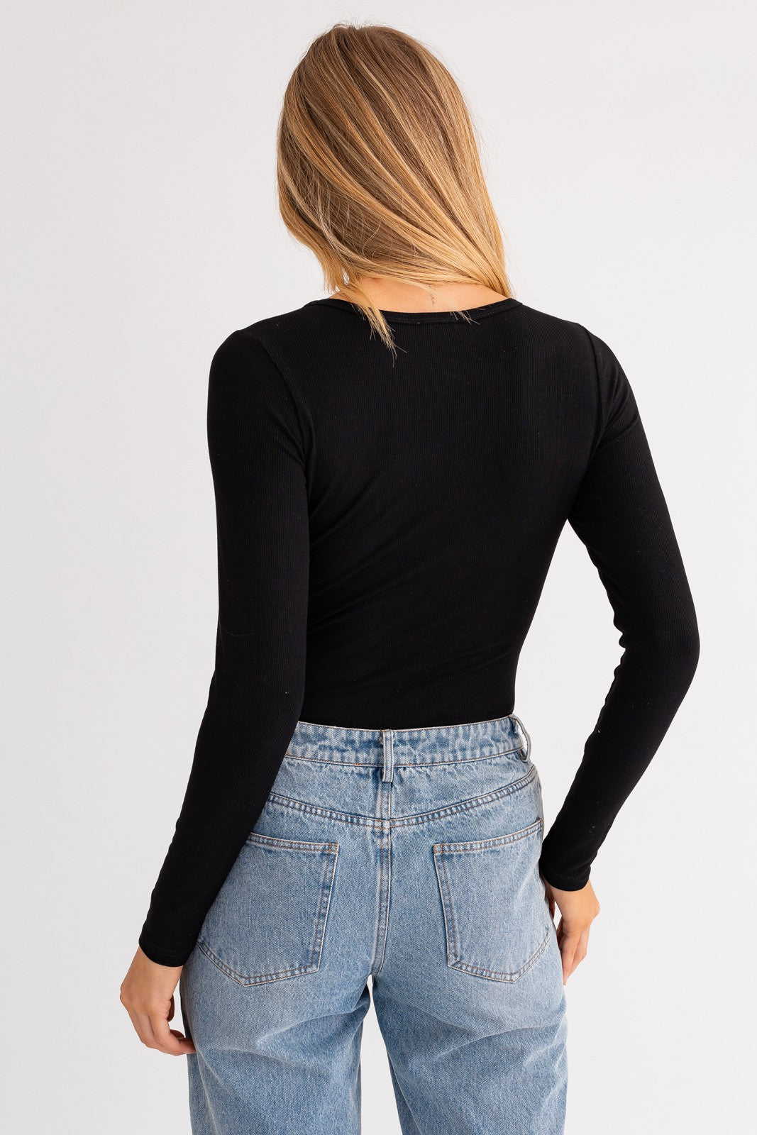 Essential Long Sleeve Ribbed Knit Stretch Knit Bodysuit - Black