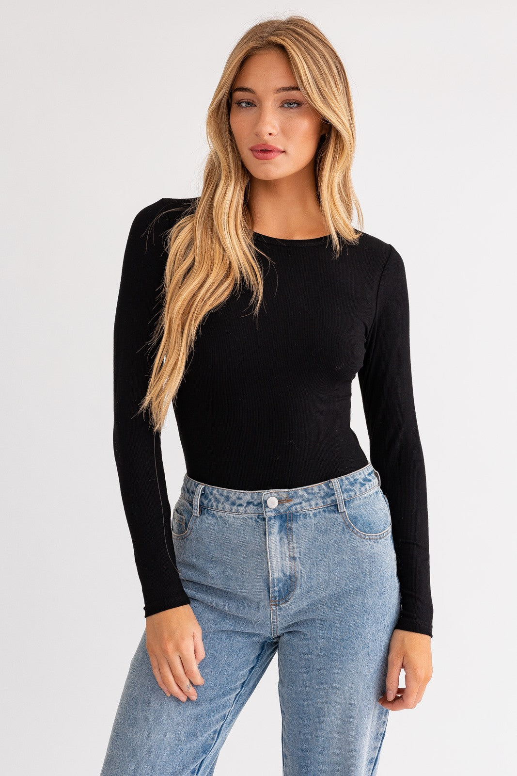 Essential Long Sleeve Ribbed Knit Stretch Knit Bodysuit - Black
