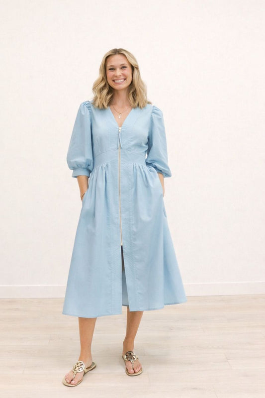Lorelai 3/4 Sleeve Zip Front Midi Dress - Light Blue