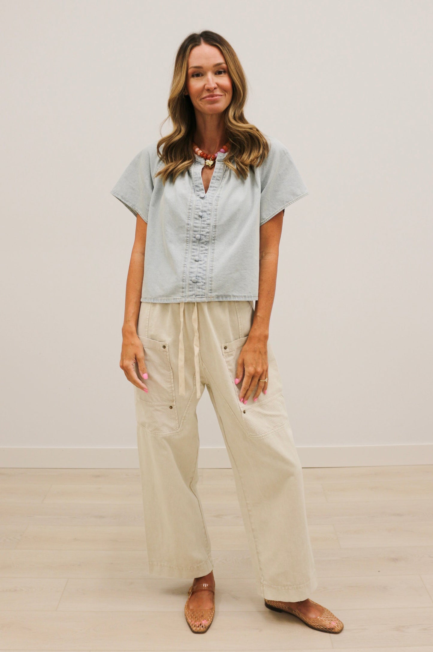Lorna Short Sleeve Button Front Blouse 100% Cotton - Washed Denim