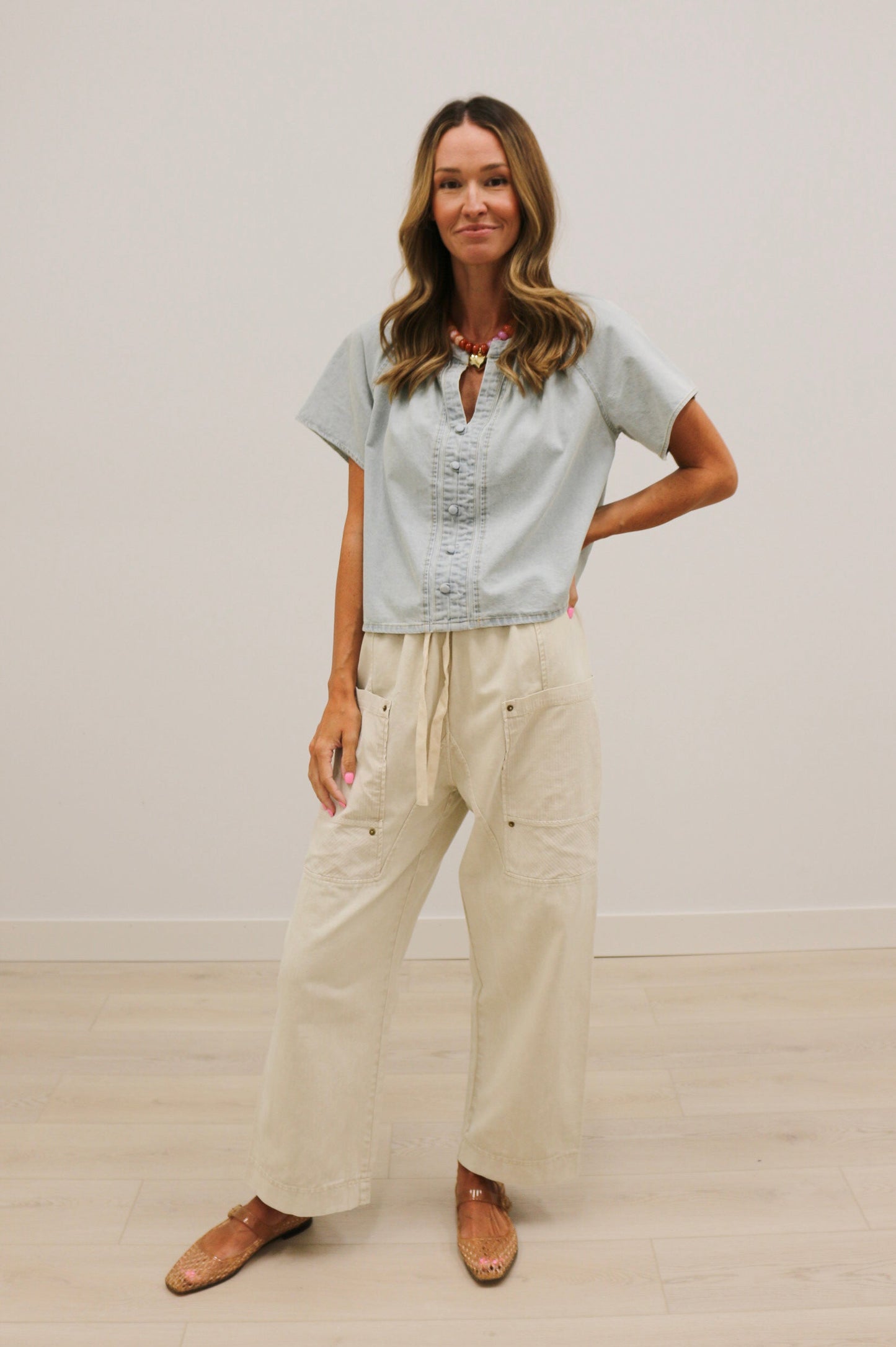 Lorna Short Sleeve Button Front Blouse 100% Cotton - Washed Denim