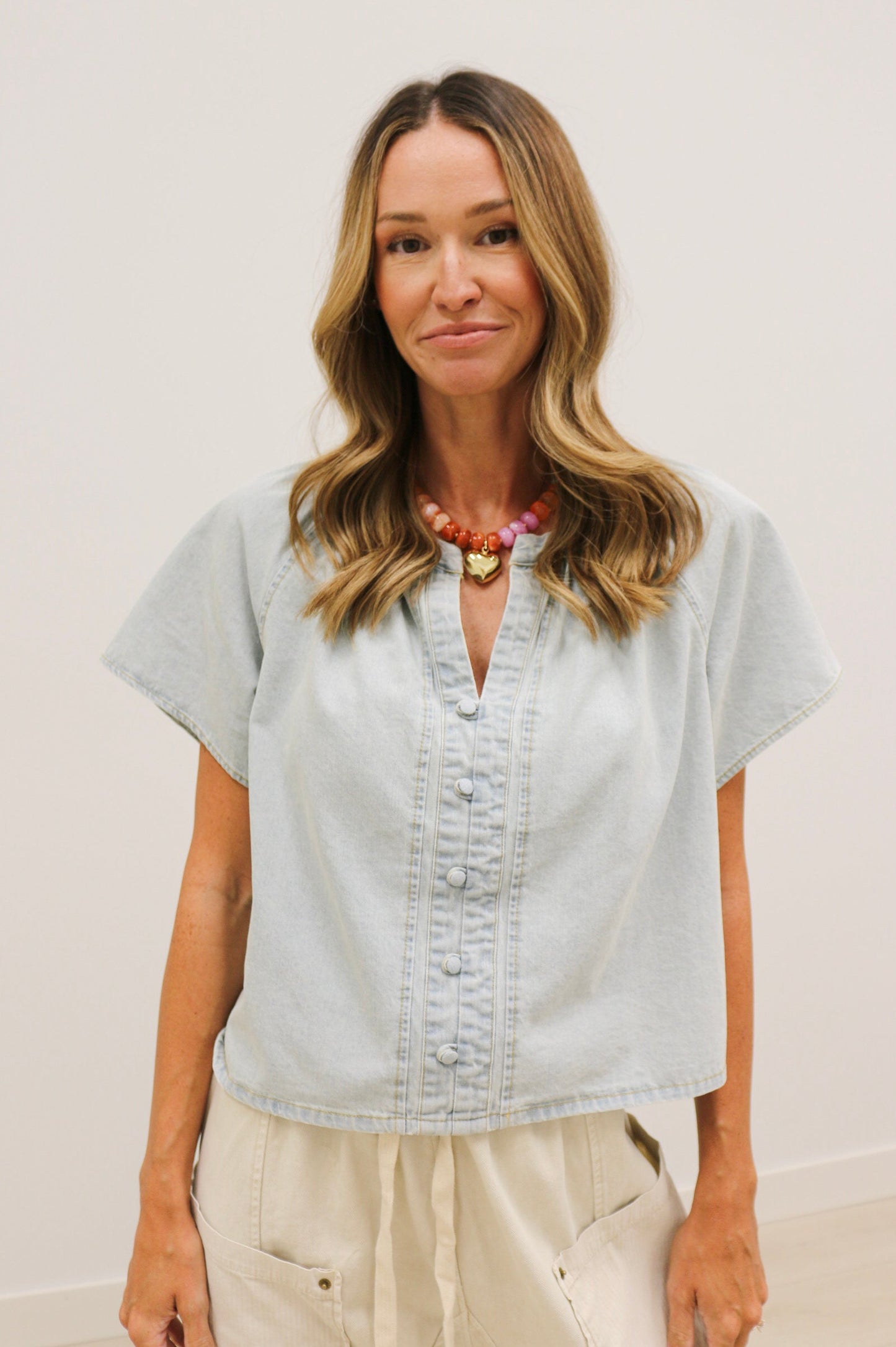 Lorna Short Sleeve Button Front Blouse 100% Cotton - Washed Denim
