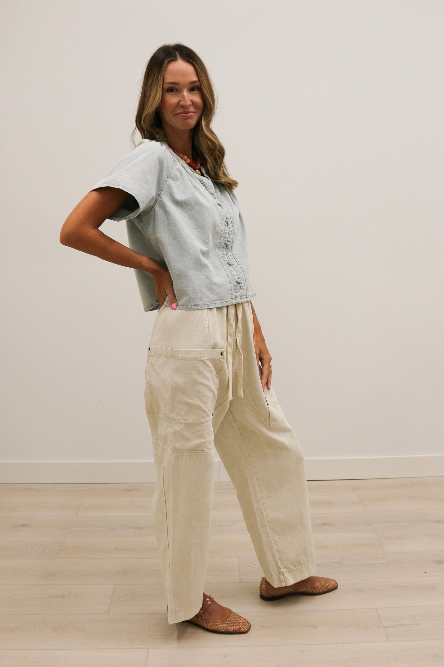 Lorna Short Sleeve Button Front Blouse 100% Cotton - Washed Denim