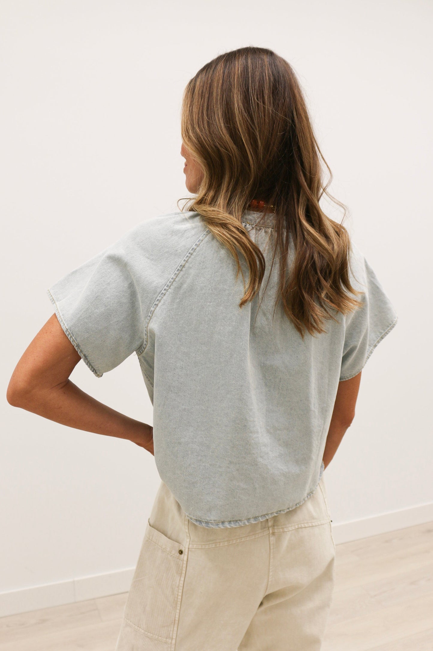 Lorna Short Sleeve Button Front Blouse 100% Cotton - Washed Denim