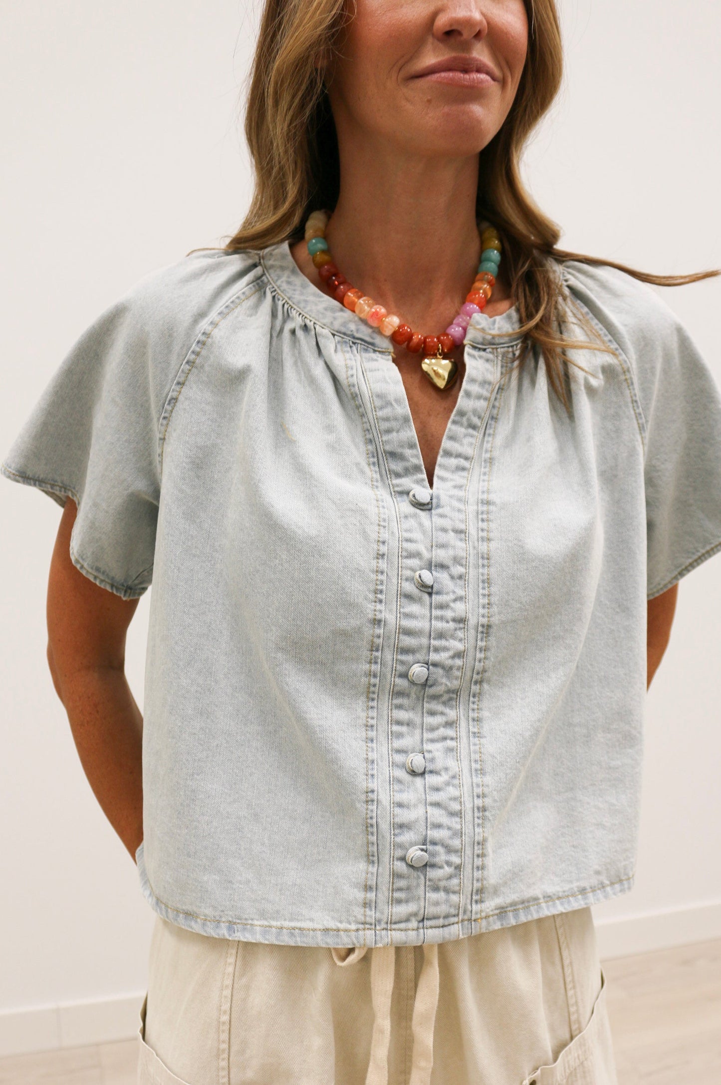 Lorna Short Sleeve Button Front Blouse 100% Cotton - Washed Denim