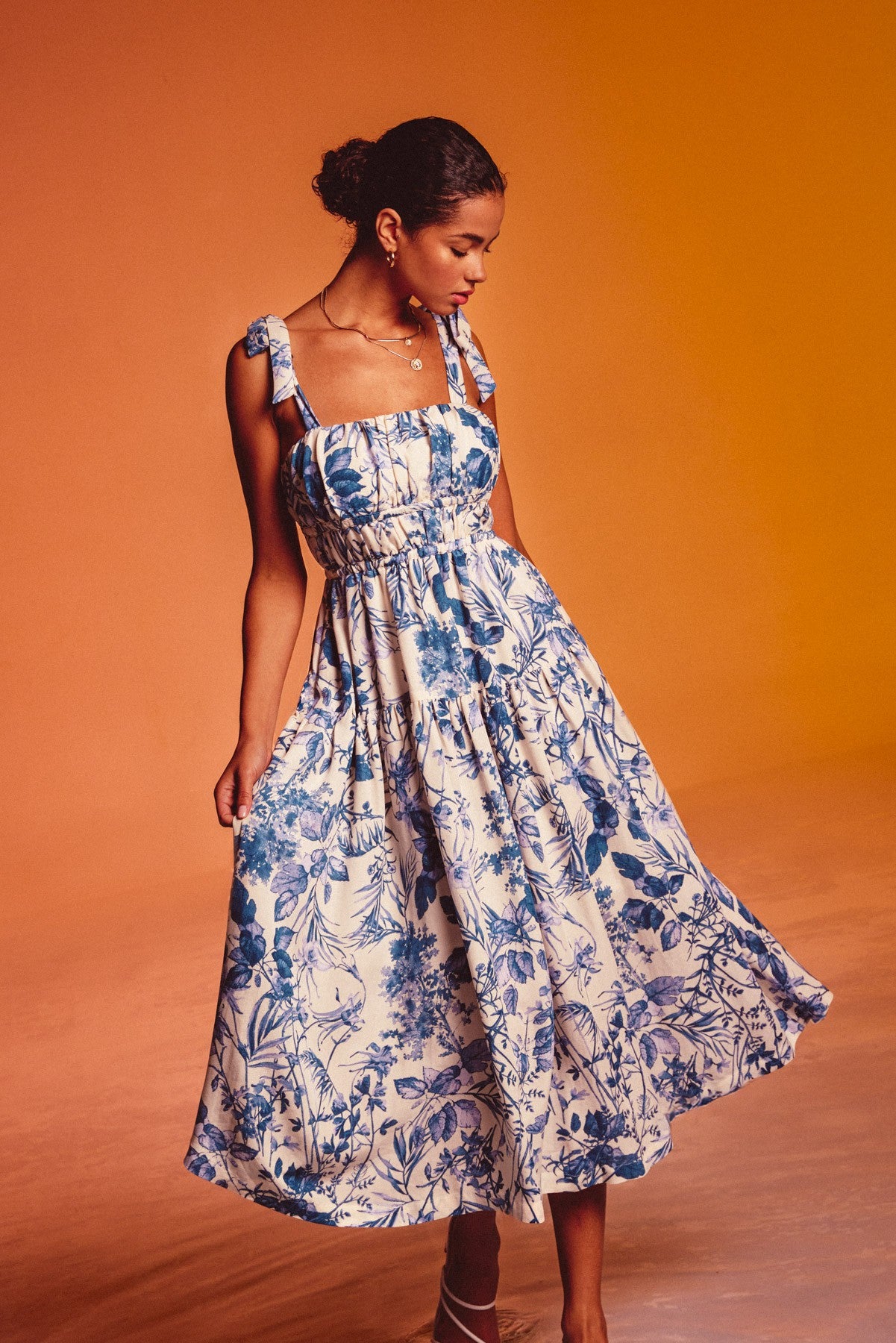 Love Letters Floral Print Tie Strap Fit and Flare Midi Dress - Blue Multi