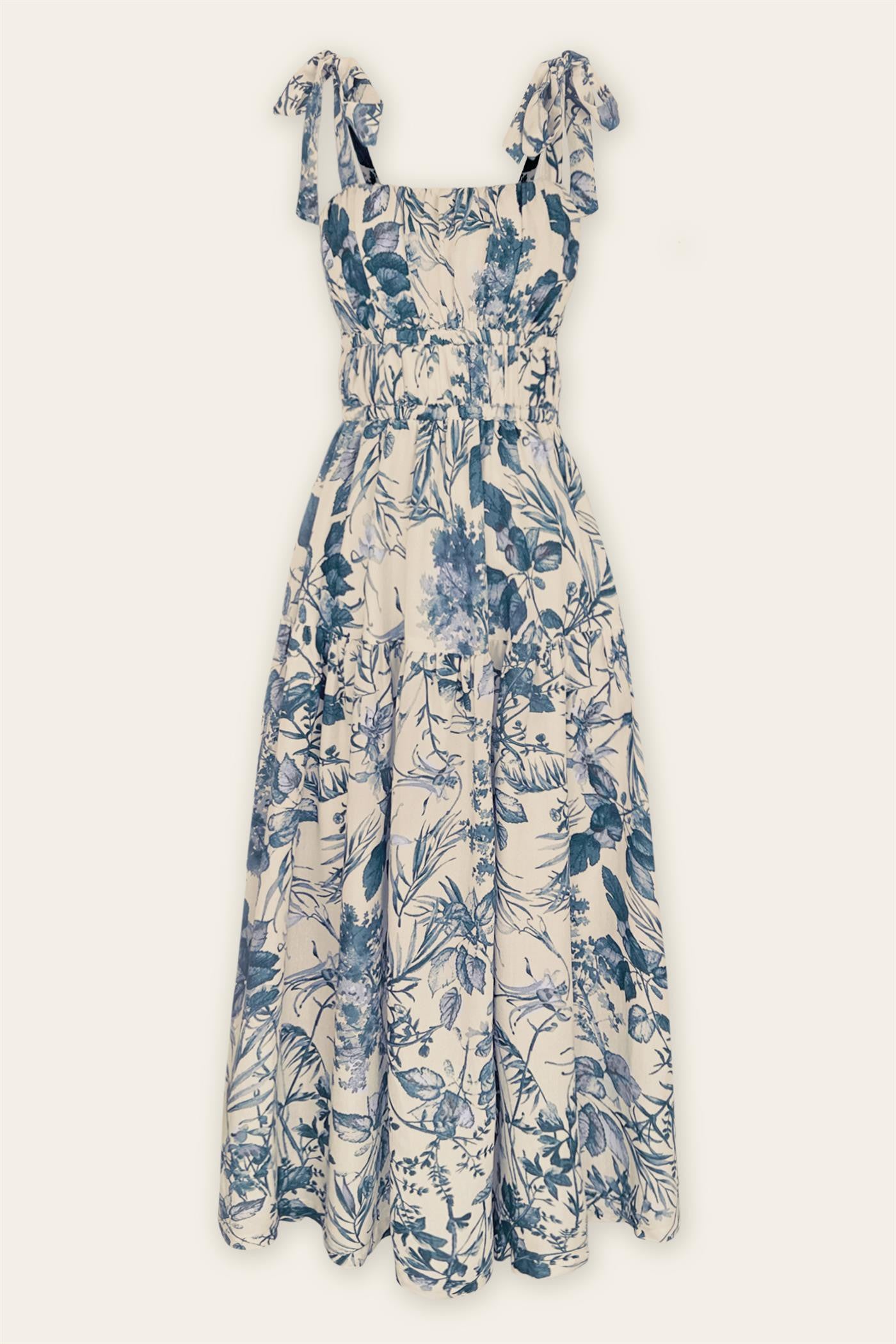 Love Letters Floral Print Tie Strap Fit and Flare Midi Dress - Blue Multi