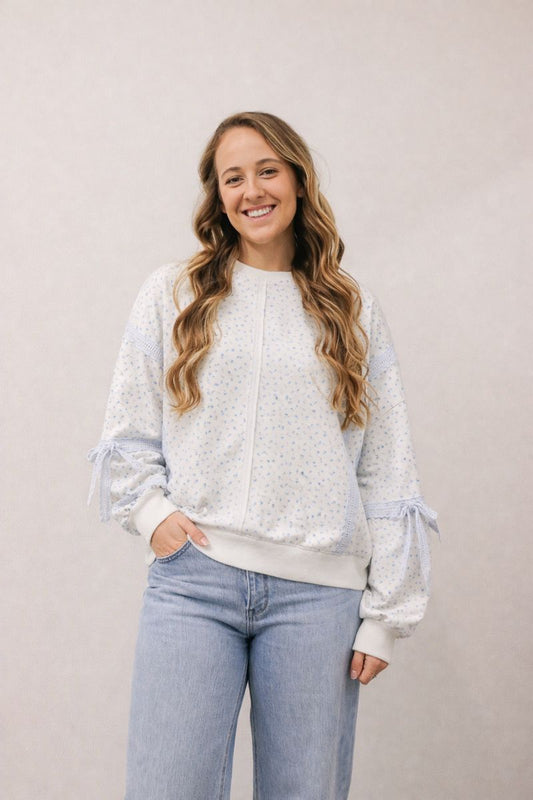 Loverly Ditzy Floral Lace Trim Long Sleeve Oversized Sweatshirt - Blue White