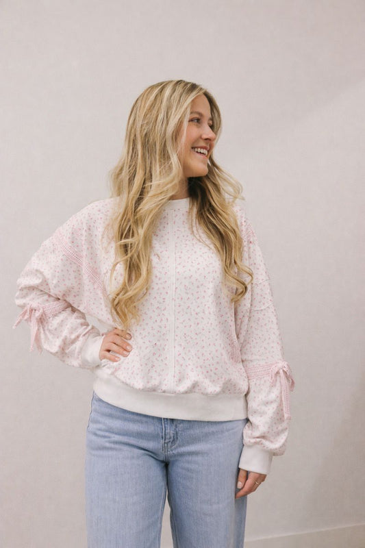 Loverly Ditzy Floral Lace Trim Long Sleeve Oversized Sweatshirt - Pink White