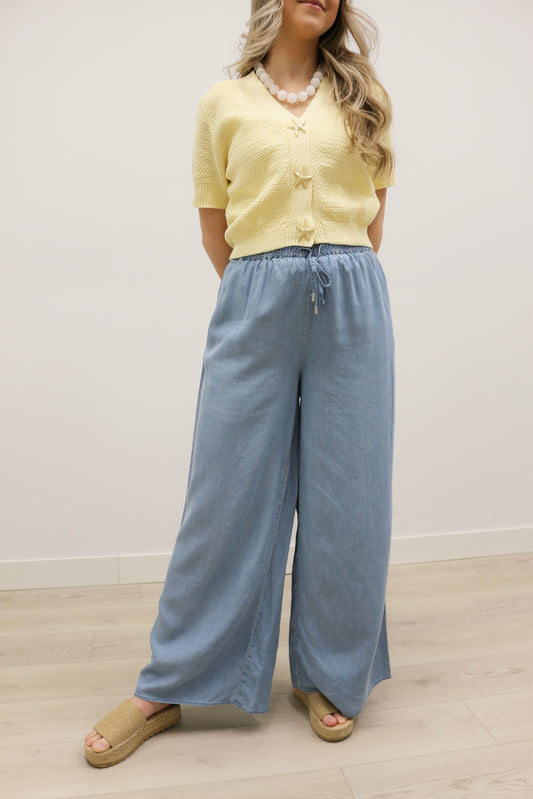Lucia High Waisted Wide Leg Chambray Pants - Blue