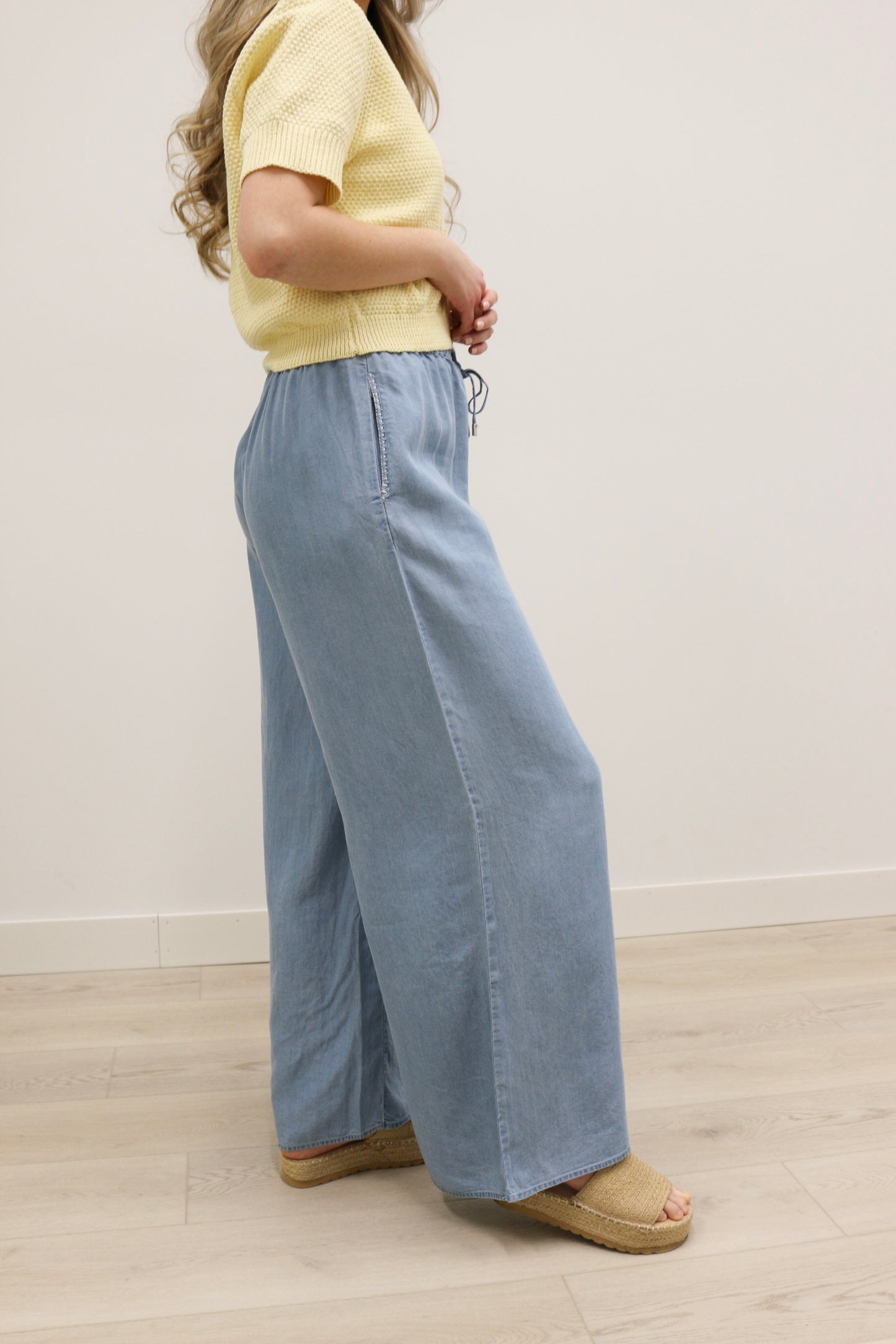 Lucia High Waisted Wide Leg Chambray Pants - Blue