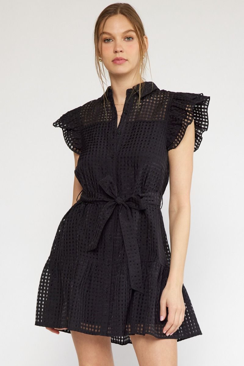 Maddox Shadow Grid Button Up Mini Dress - Black