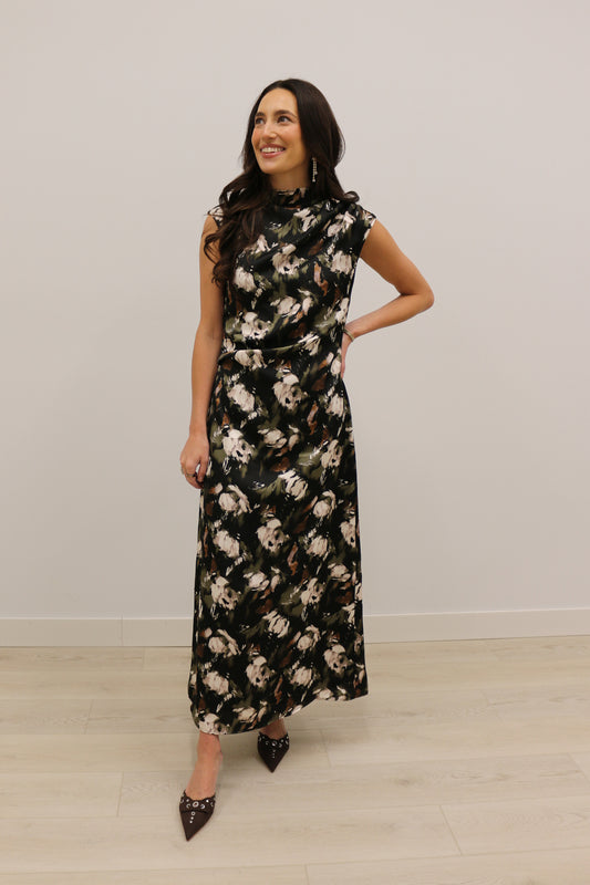 Mara Mock Satin Printed Maxi Dress - Black Olive Multi