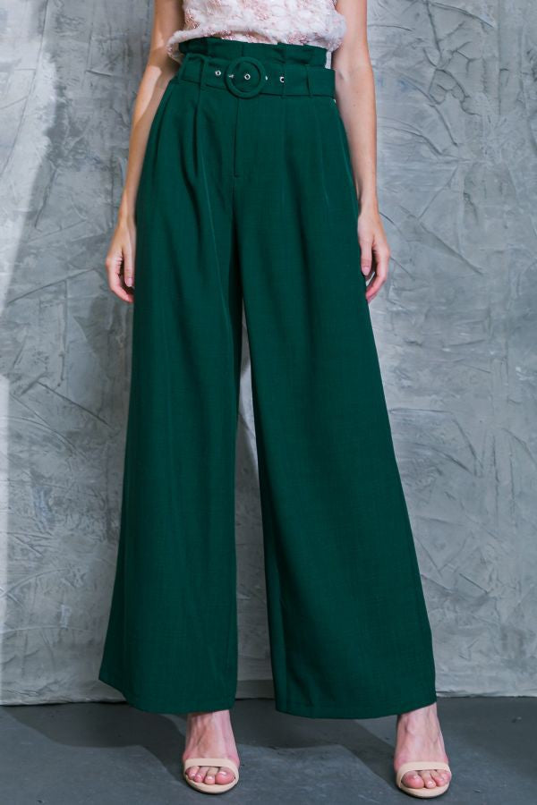 zSALE Maren High Waisted Paper Bag Wide Leg Belted Woven Pant - Dark Green