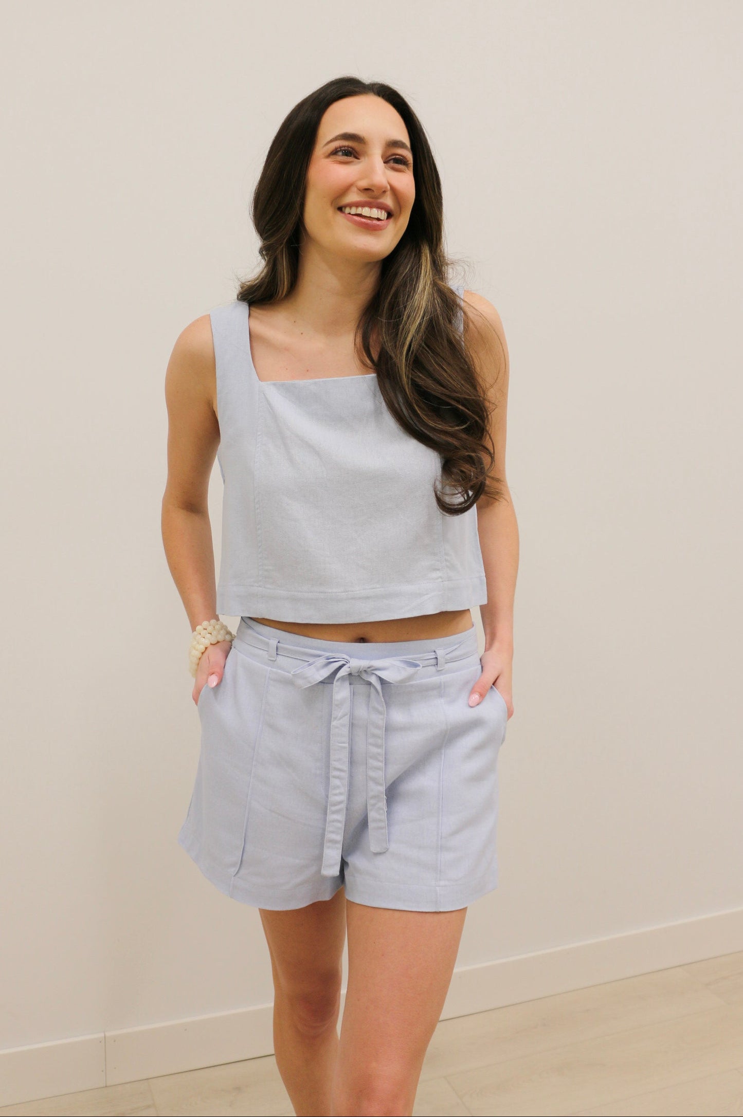 Marianna Square Neckline Back Button Slit Cropped Tank - Light Blue