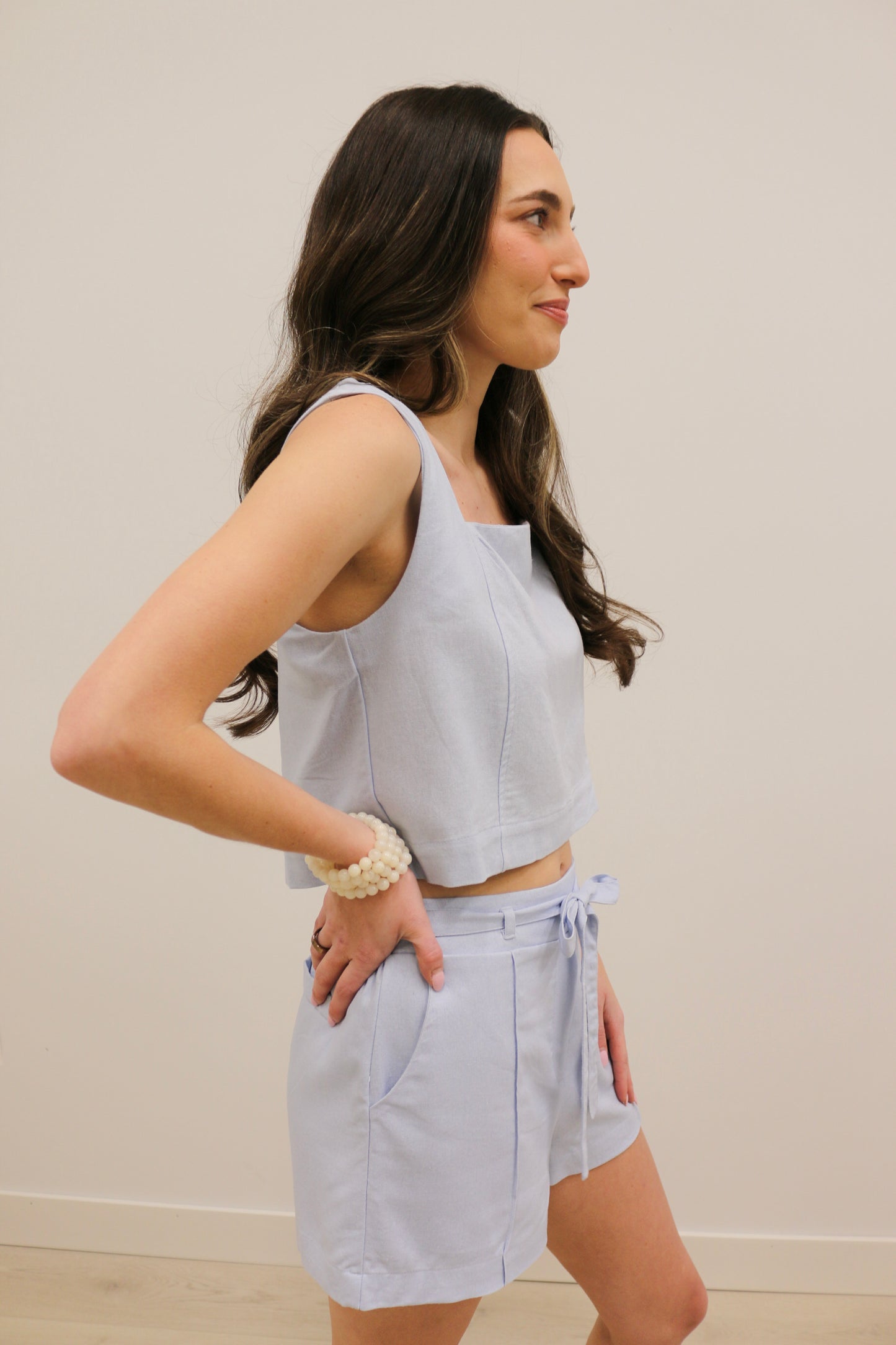 Marianna High Waisted Tie Front Relaxed Woven Shorts - Light Blue