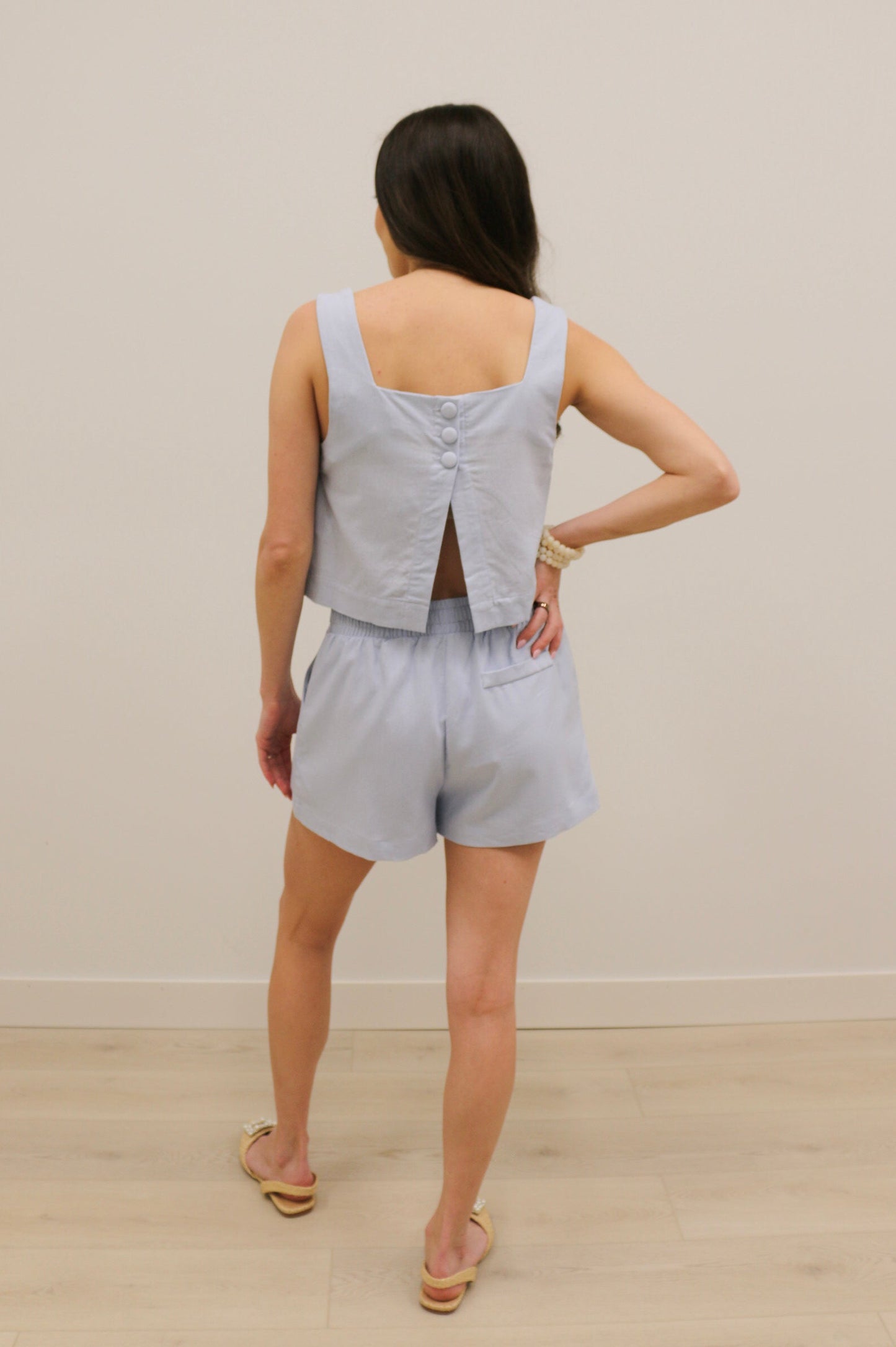 Marianna Square Neckline Back Button Slit Cropped Tank - Light Blue