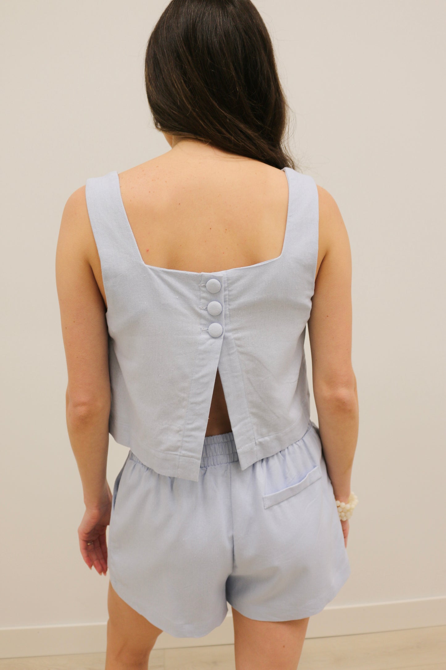 Marianna Square Neckline Back Button Slit Cropped Tank - Light Blue