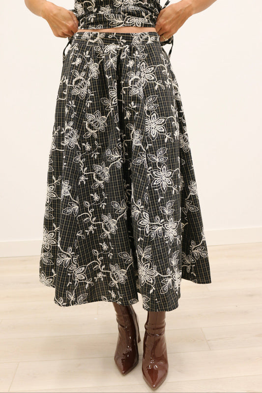 Marison Plaid Embroidered Midi Skirt 100% Cotton - Black Multi