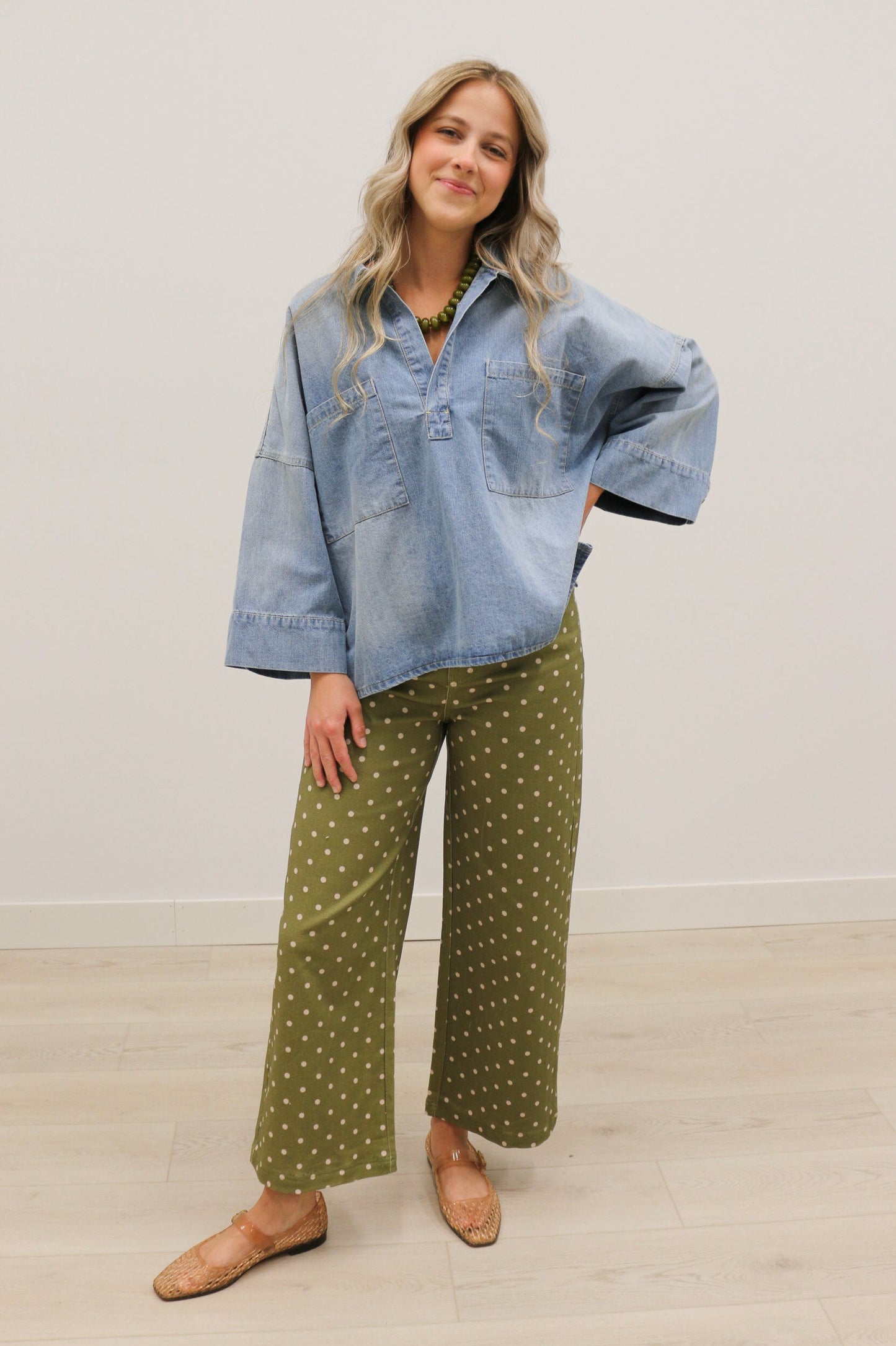 Matti Polka Dot Print High Waisted Pant - Olive Multi