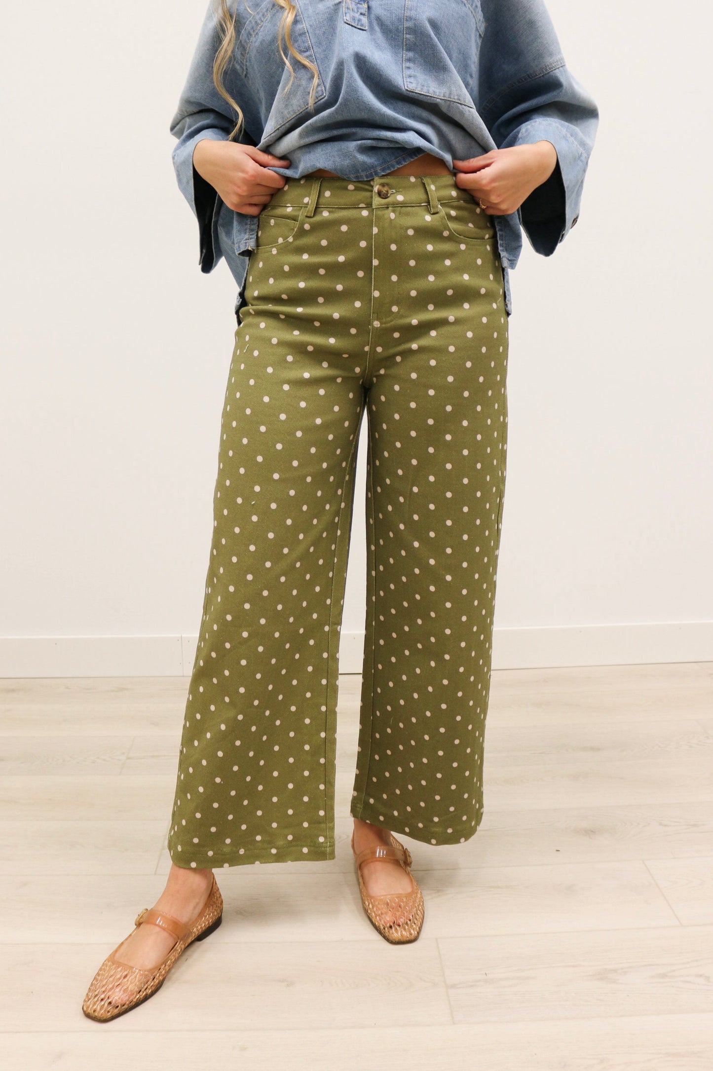 Matti Polka Dot Print High Waisted Pant - Olive Multi