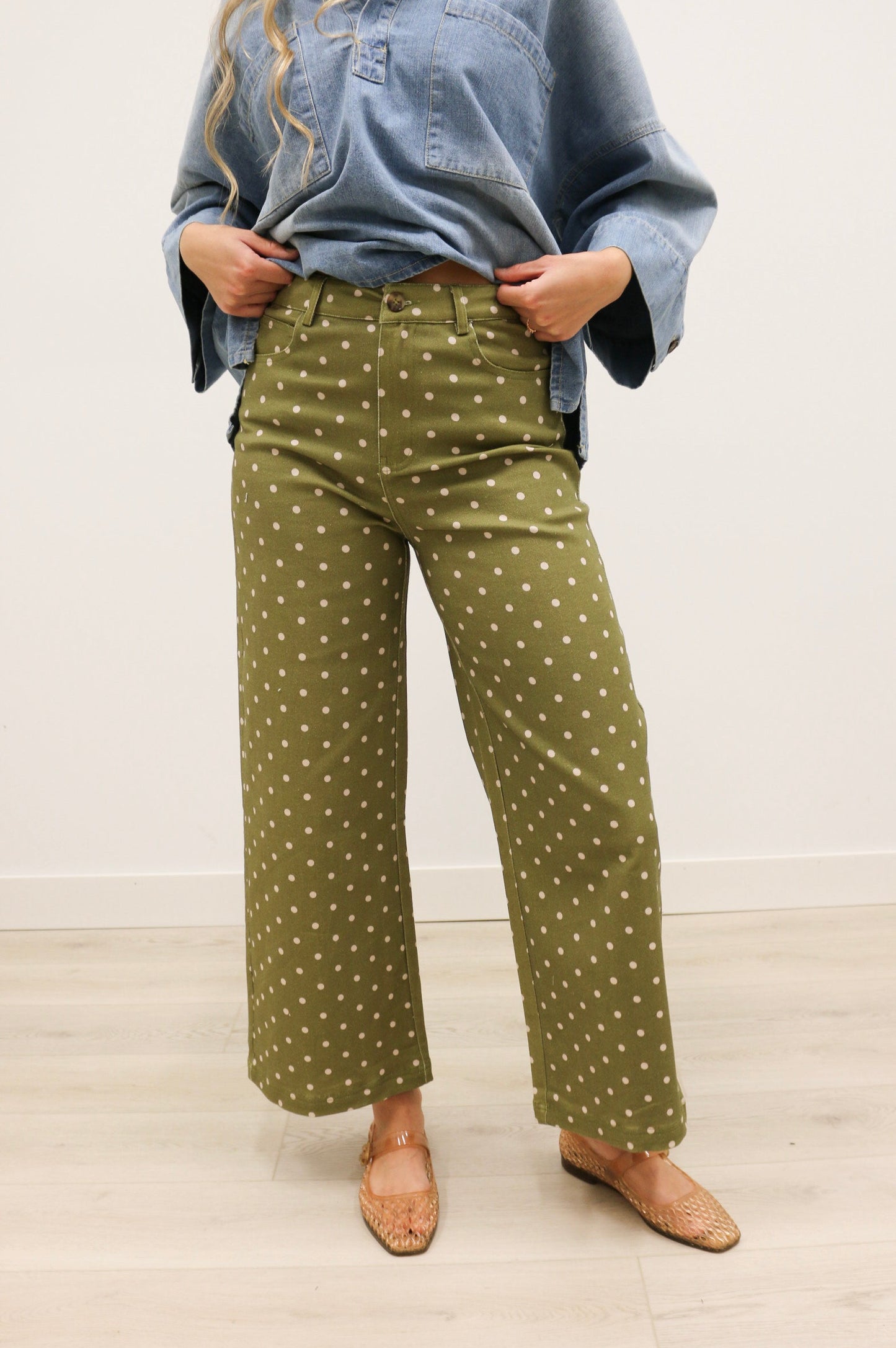 Matti Polka Dot Print High Waisted Pant - Olive Multi