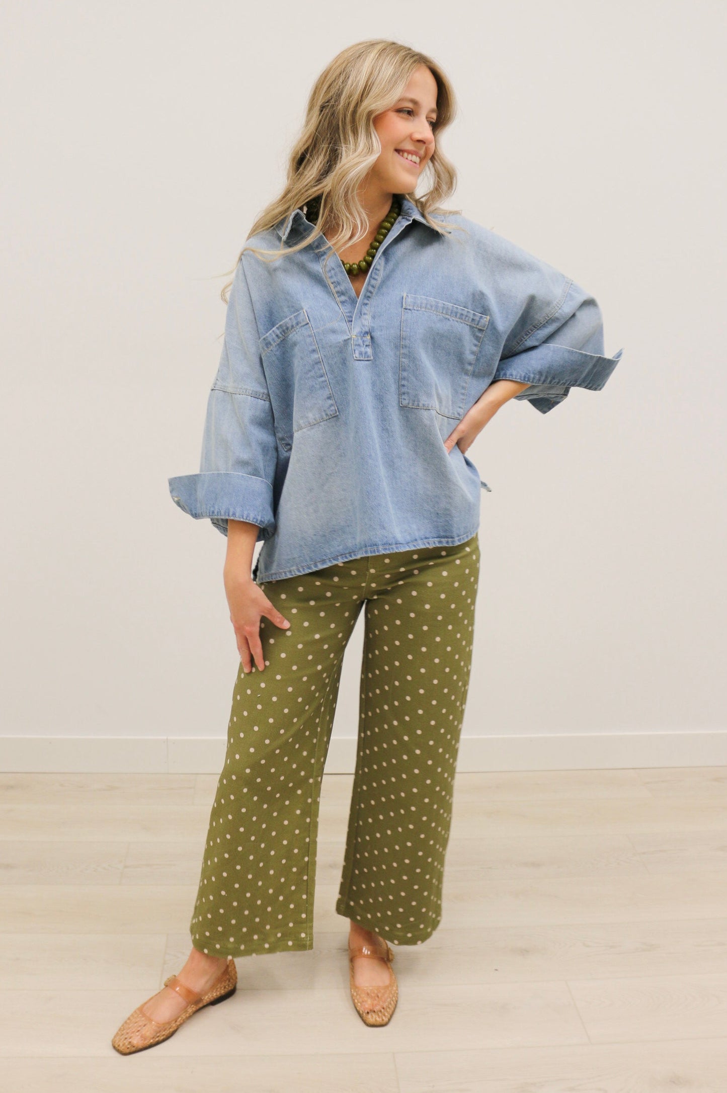 Matti Polka Dot Print High Waisted Pant - Olive Multi