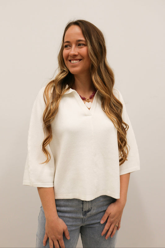Megan Collared Split Neck Short Sleeve Sweater - Cream