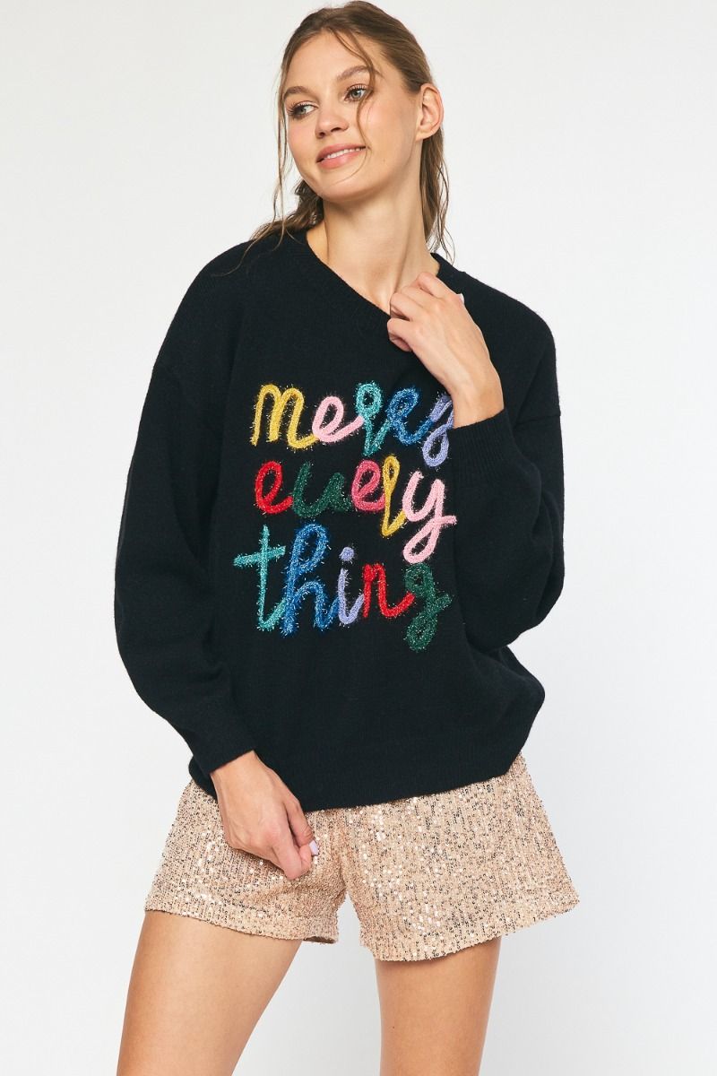 Merry Everything Holiday Fuzzy Long Sleeve Sweater Pullover - Black Multi