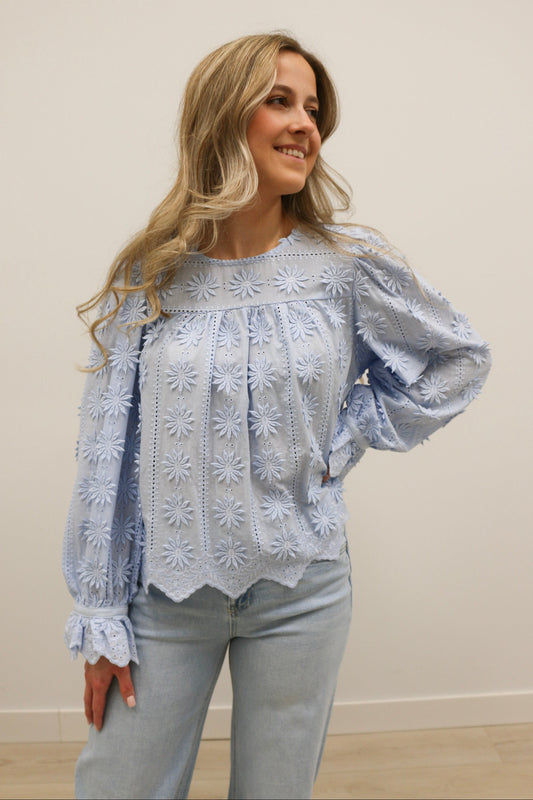 Maise 3D Floral Long Sleeve Woven Scallop Hem Blouse - Light Blue