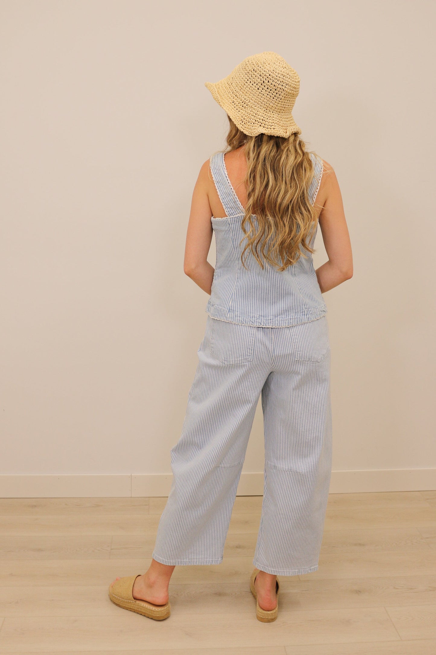 Milta Stripe High Waisted Drawstring Barrel Pants  - Light Blue