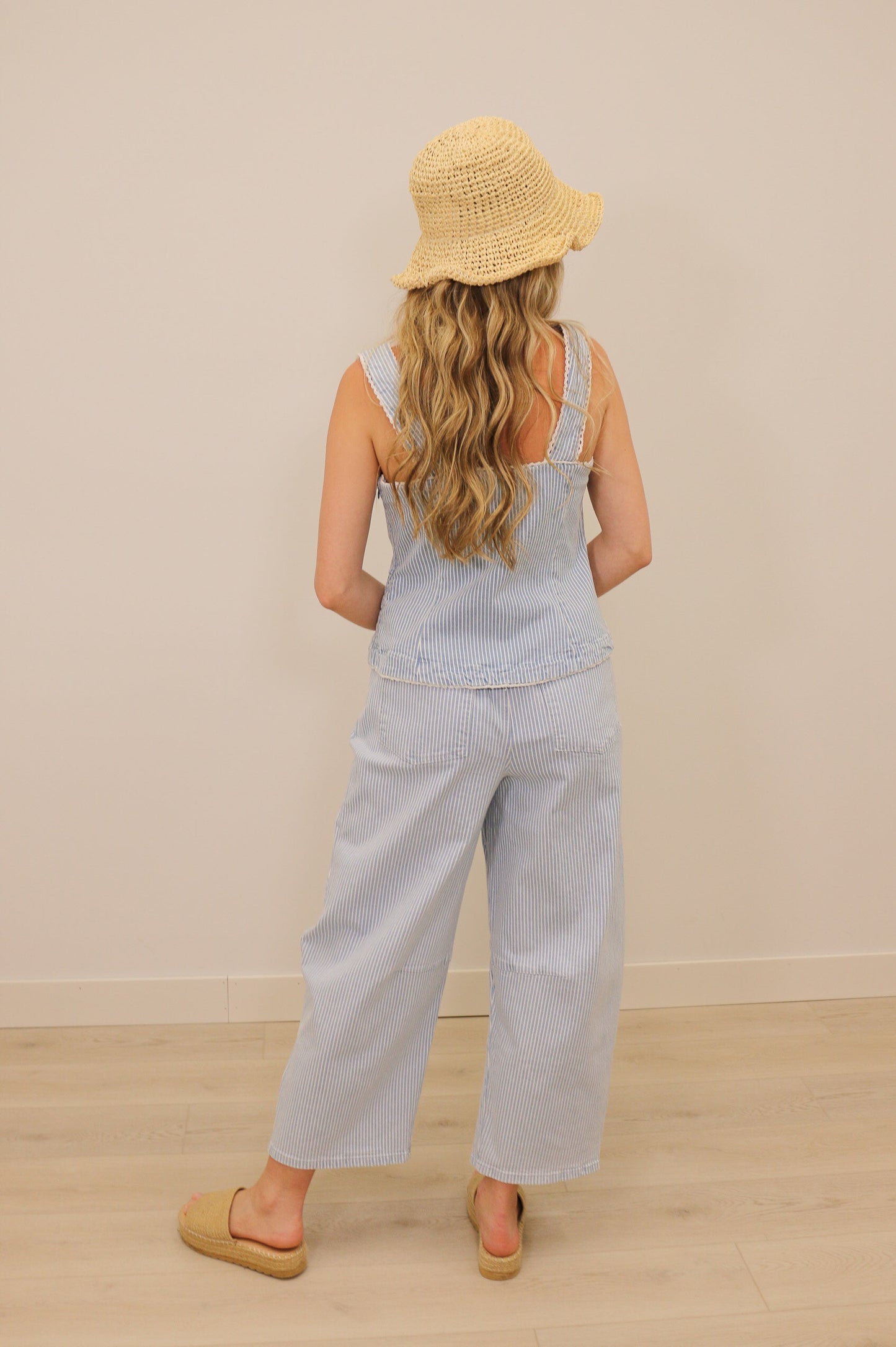 Milta Stripe White Denim Scalloped Lace Trim Tank - Light Blue