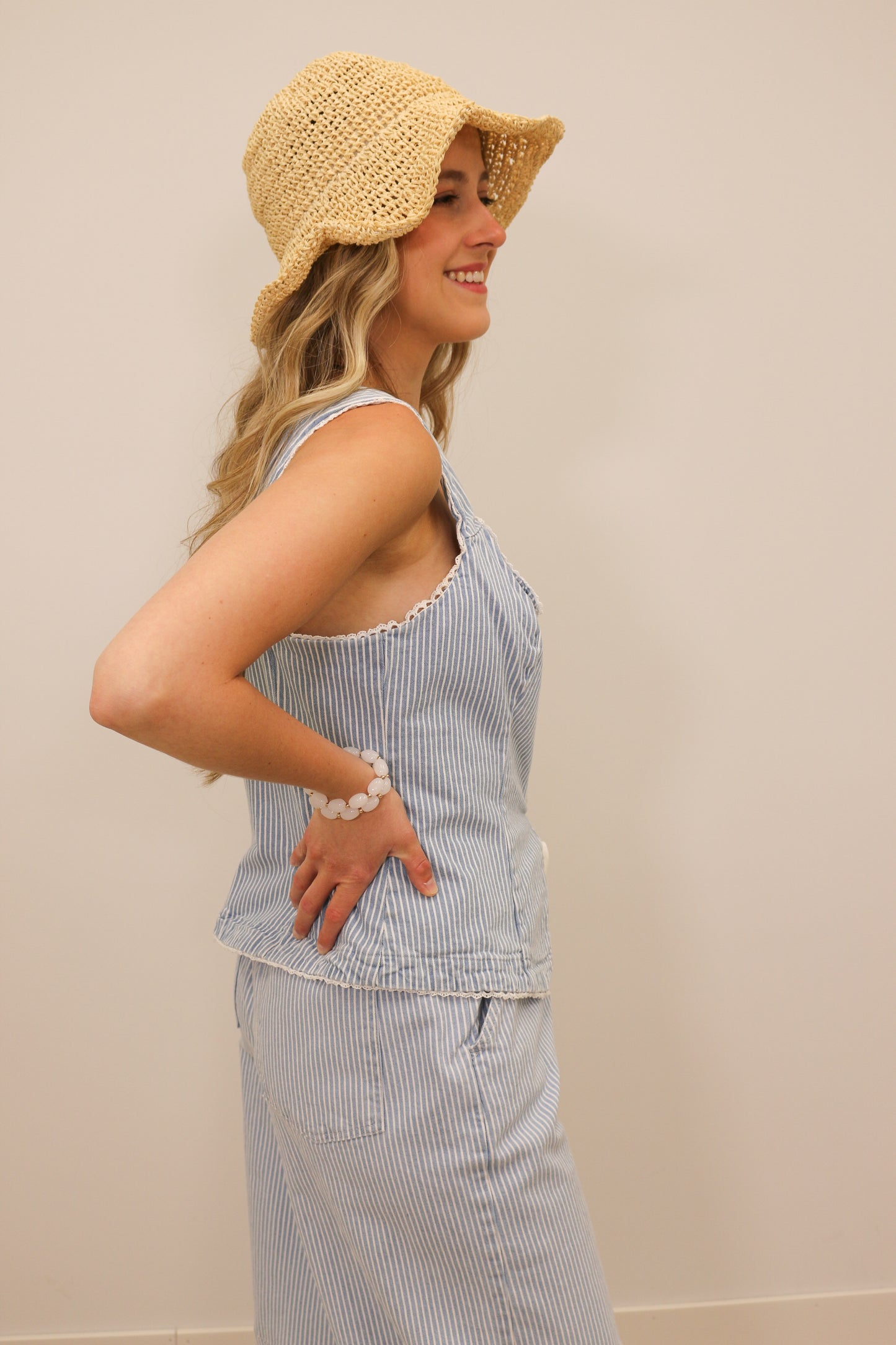Milta Stripe White Denim Scalloped Lace Trim Tank - Light Blue