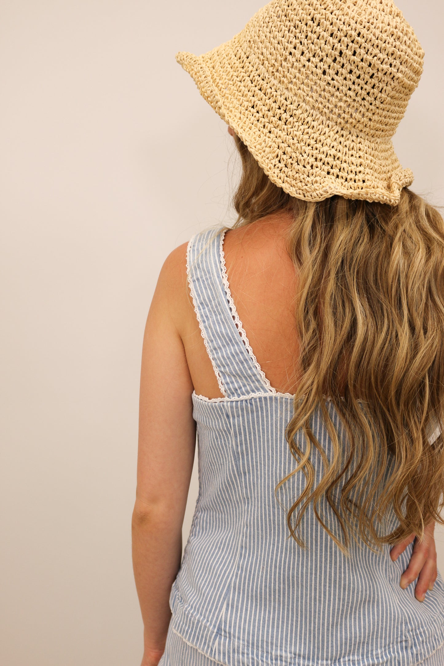 Milta Stripe White Denim Scalloped Lace Trim Tank - Light Blue
