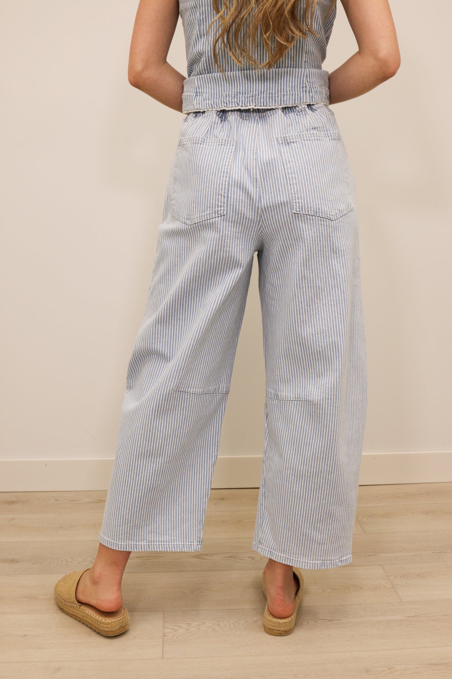 Milta Stripe High Waisted Drawstring Barrel Pants  - Light Blue