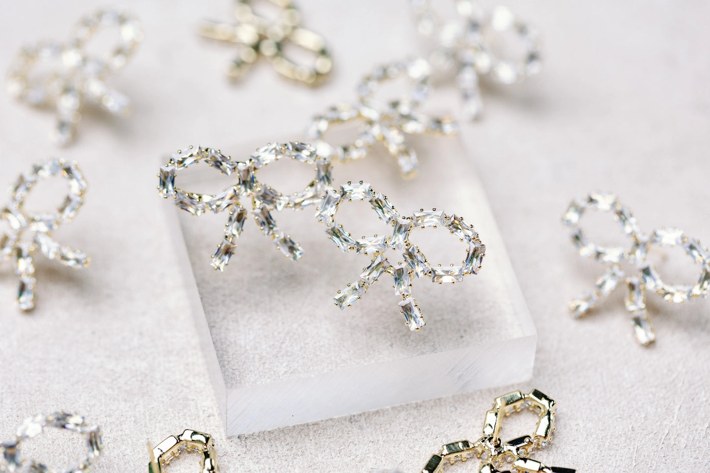 Sparkling Diamond Mini Bow Silver Statement Earrings