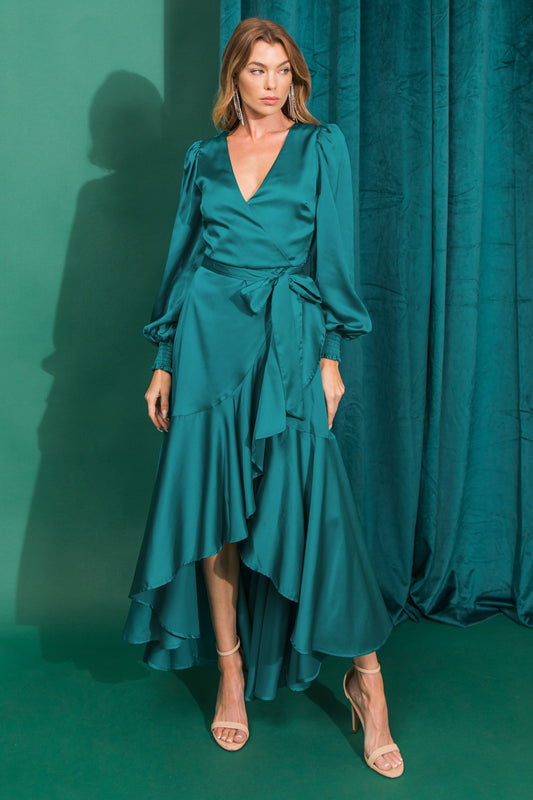 zSALE Miranda High-Low Silky Long Sleeve Dress - Teal
