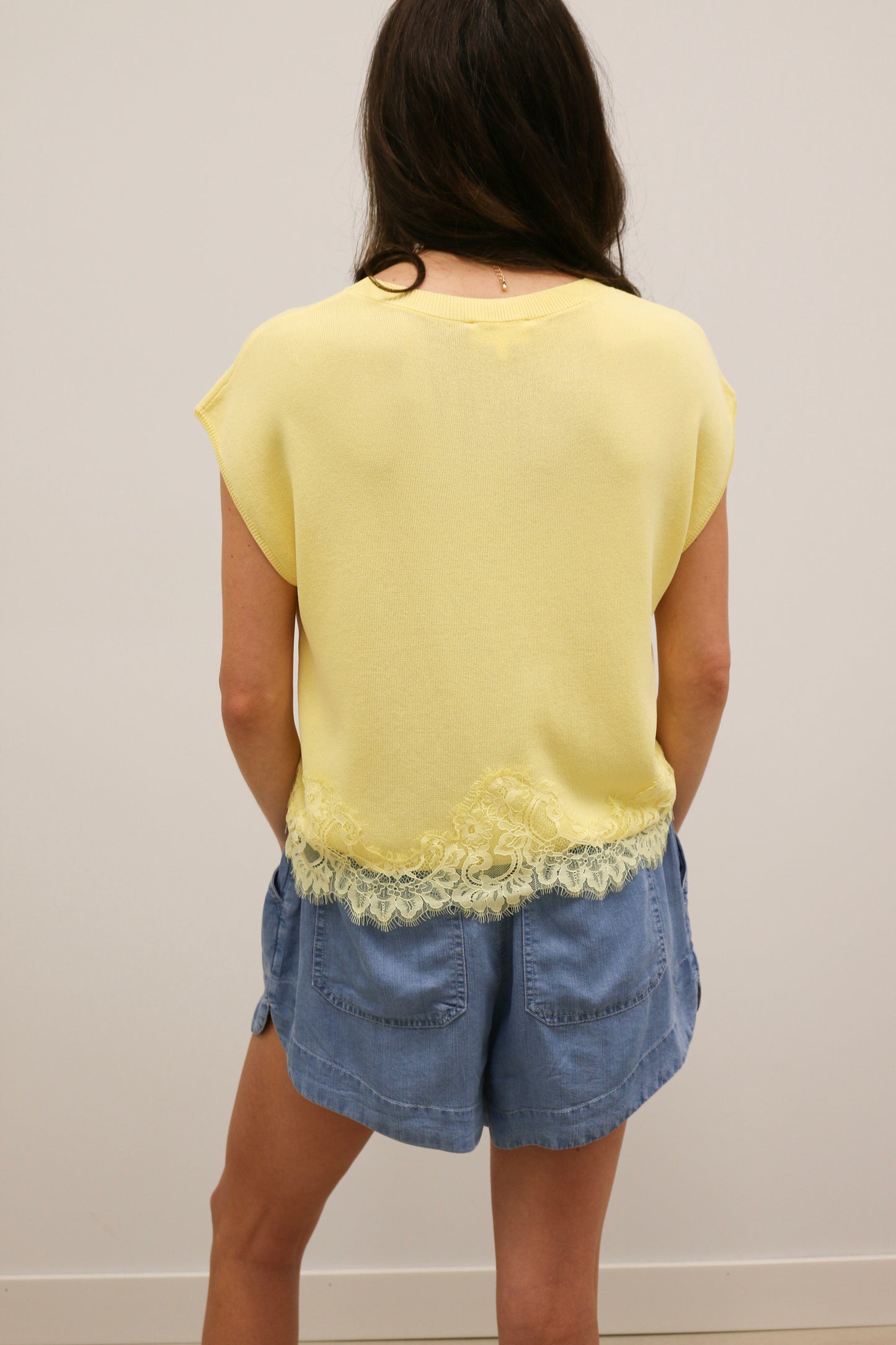 Miro Lace Trim Cap Sleeve Knit Top - Yellow