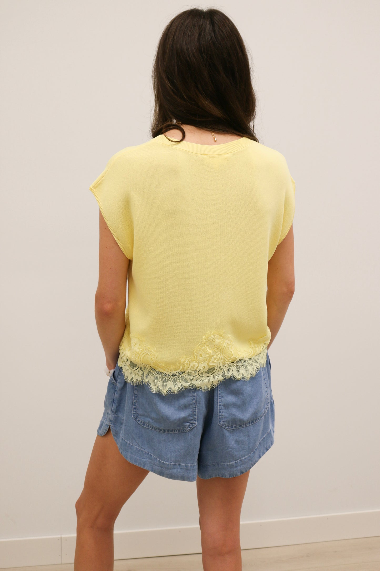 Miro Lace Trim Cap Sleeve Knit Top - Yellow
