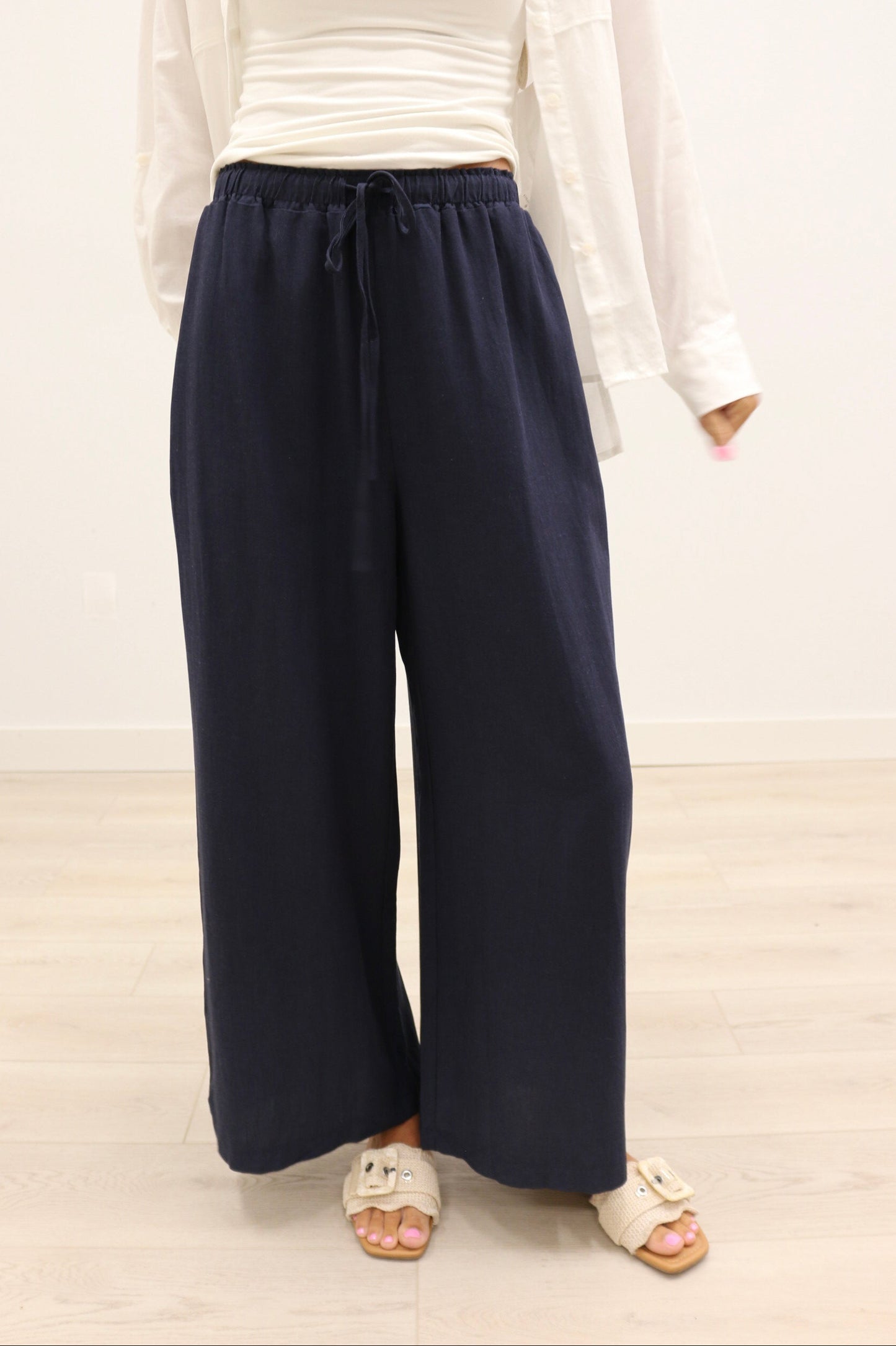Monroe Drawstring Waist Wide Leg Trousers - Midnight Navy