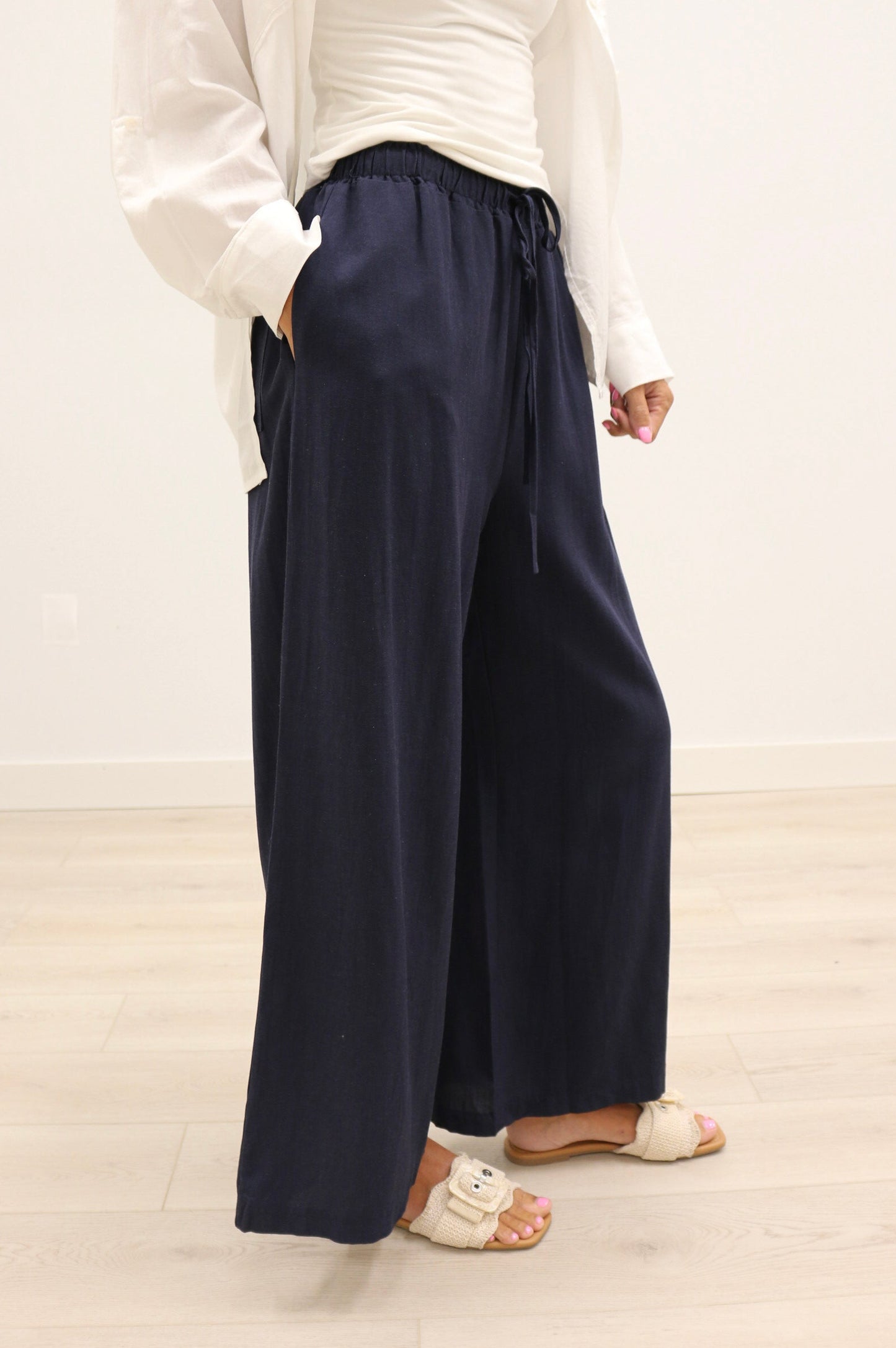 Monroe Drawstring Waist Wide Leg Trousers - Midnight Navy