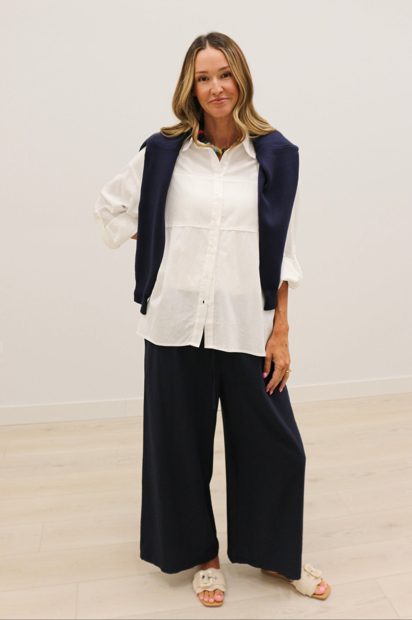 Monroe Drawstring Waist Wide Leg Trousers - Midnight Navy