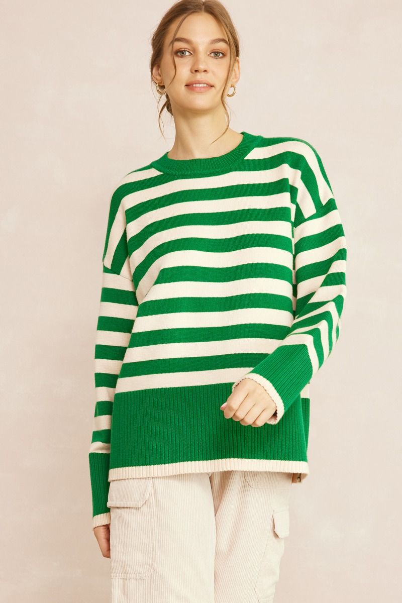 Montauk Oversized Stripe Print Long Sleeve Sweater - Green