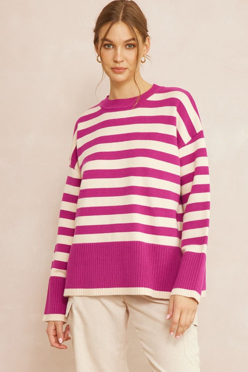 Montauk Oversized Stripe Print Long Sleeve Sweater - Orchid Pink