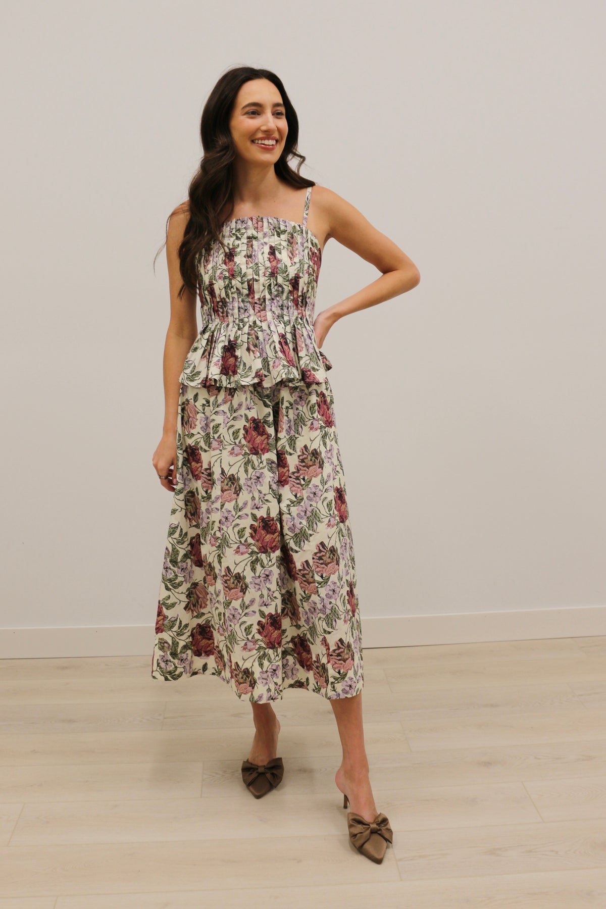 Monterrey Rounded Pleat Floral Midi Dress 100% Cotton - Ecru Multi