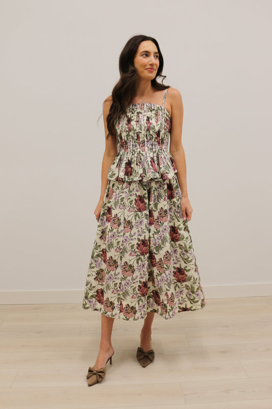 Monterrey Rounded Pleat Floral Midi Dress 100% Cotton - Ecru Multi