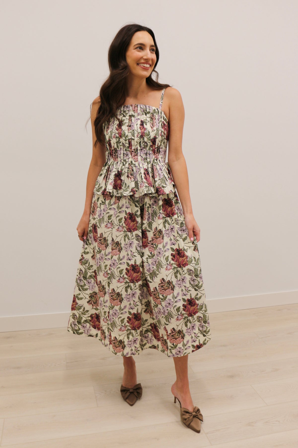 Monterrey Rounded Pleat Floral Midi Dress 100% Cotton - Ecru Multi
