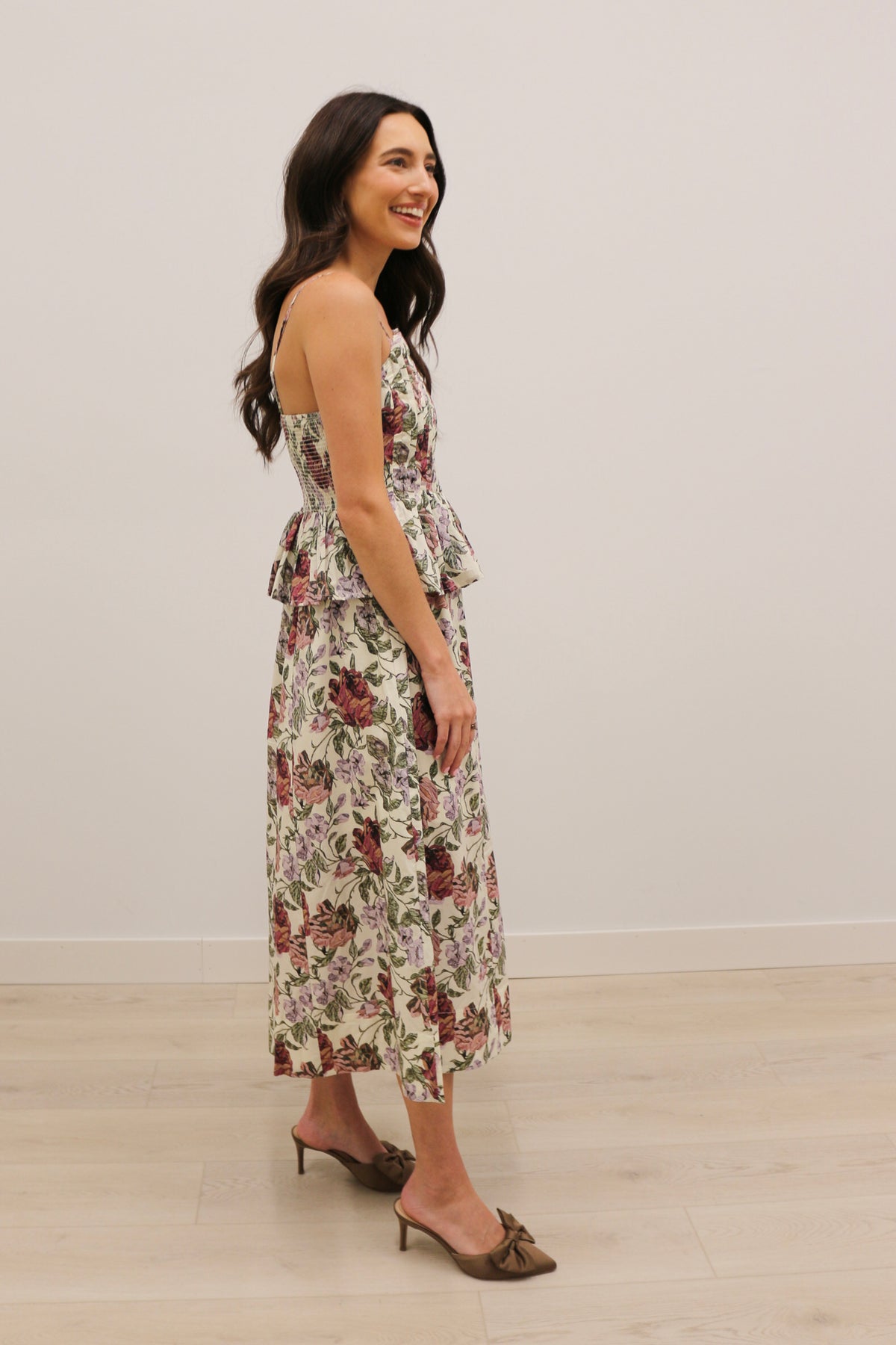 Monterrey Rounded Pleat Floral Midi Dress 100% Cotton - Ecru Multi