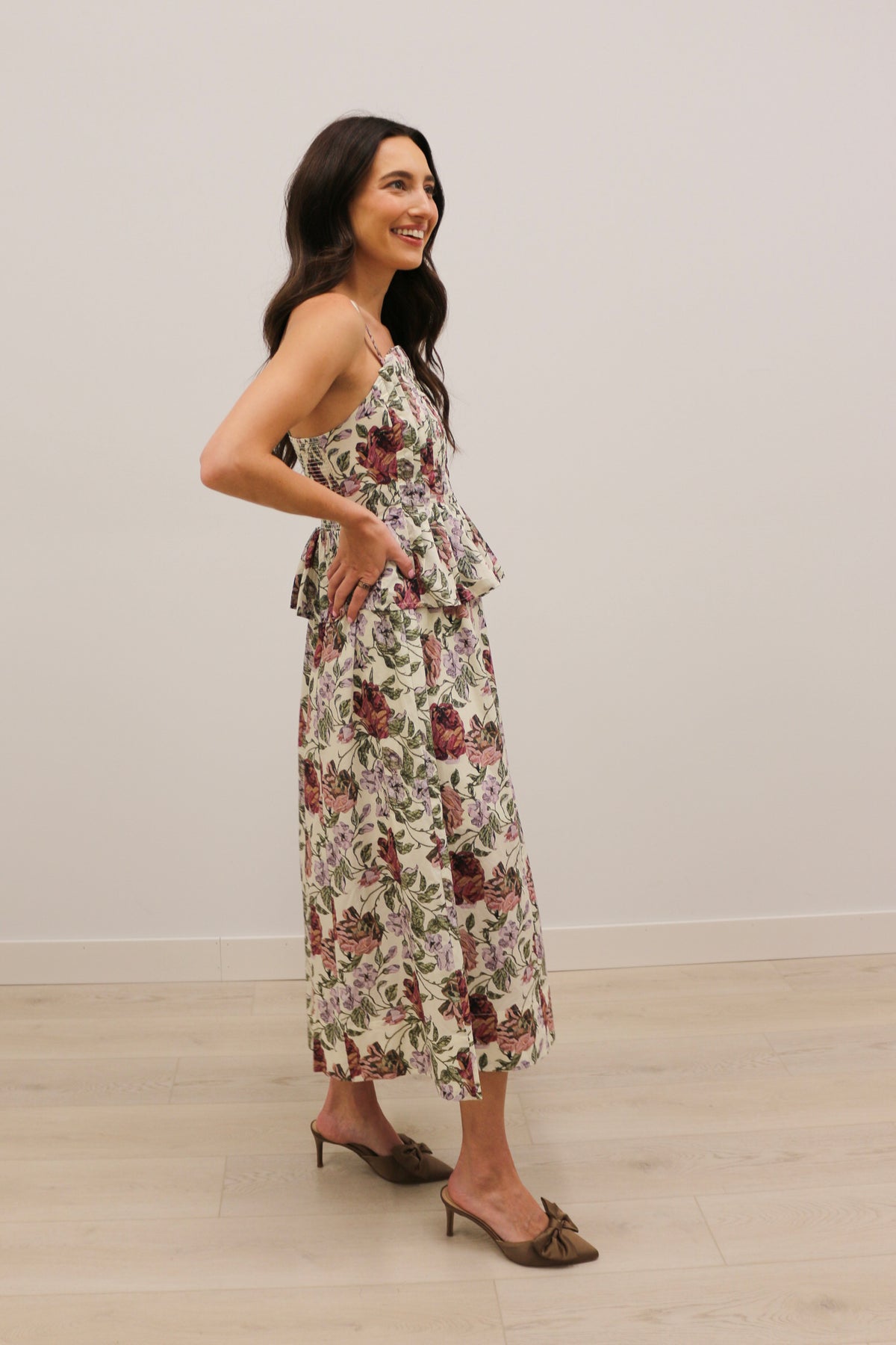 Monterrey Rounded Pleat Floral Midi Dress 100% Cotton - Ecru Multi