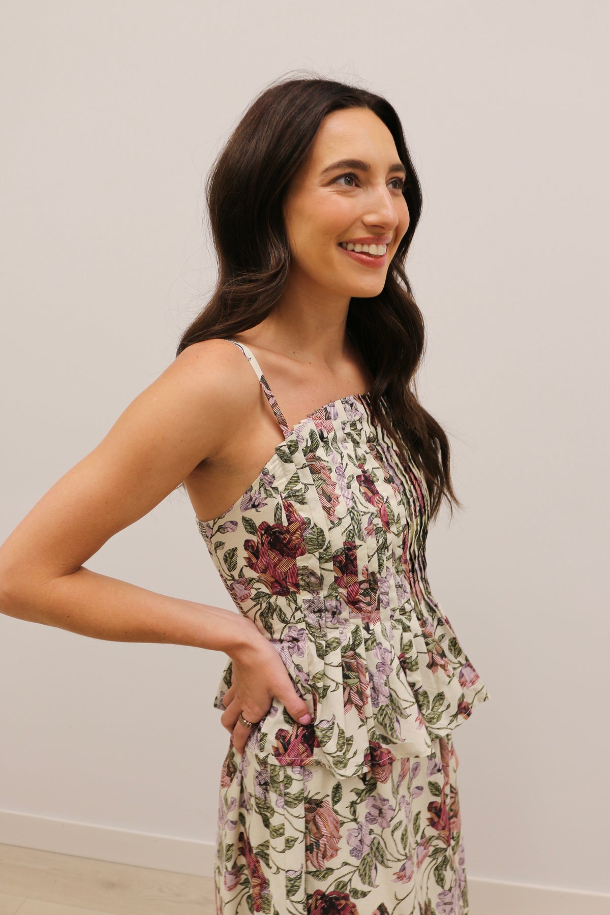 Monterrey Rounded Pleat Floral Midi Dress 100% Cotton - Ecru Multi